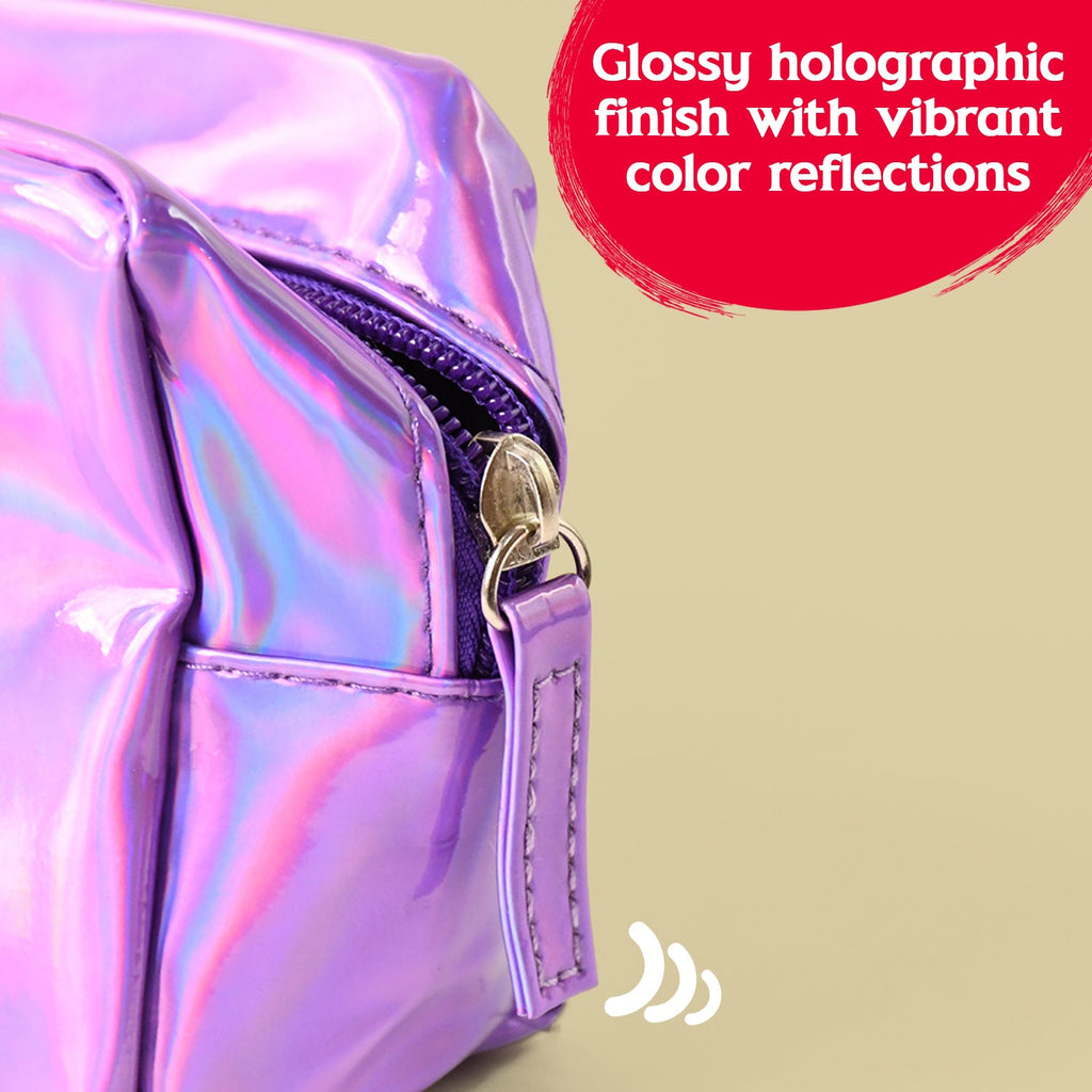 Close up of waterproof holographic texture of the travel cosmetic pouch