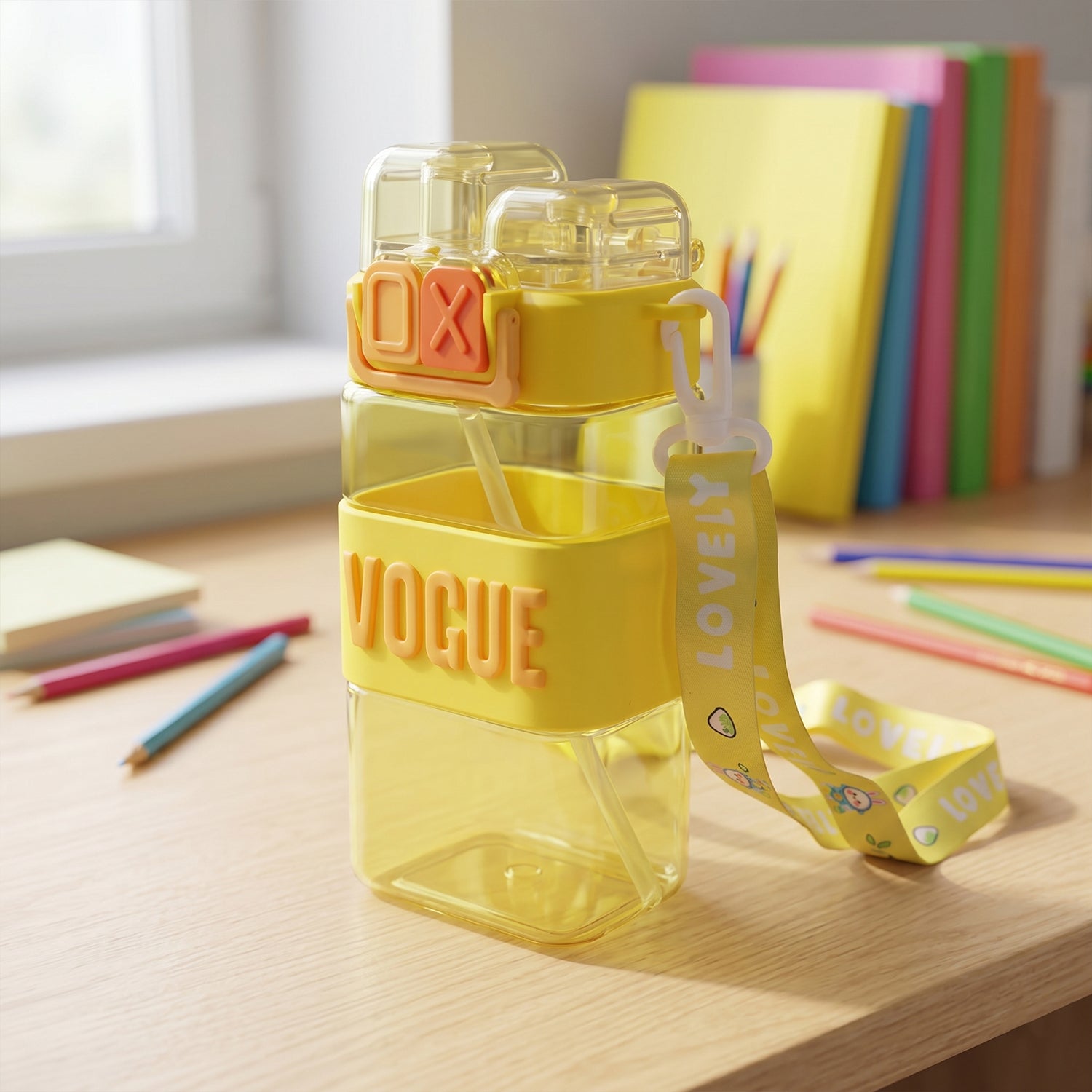 Young girl holding a colourful dual compartment water bottle with a carry strap.