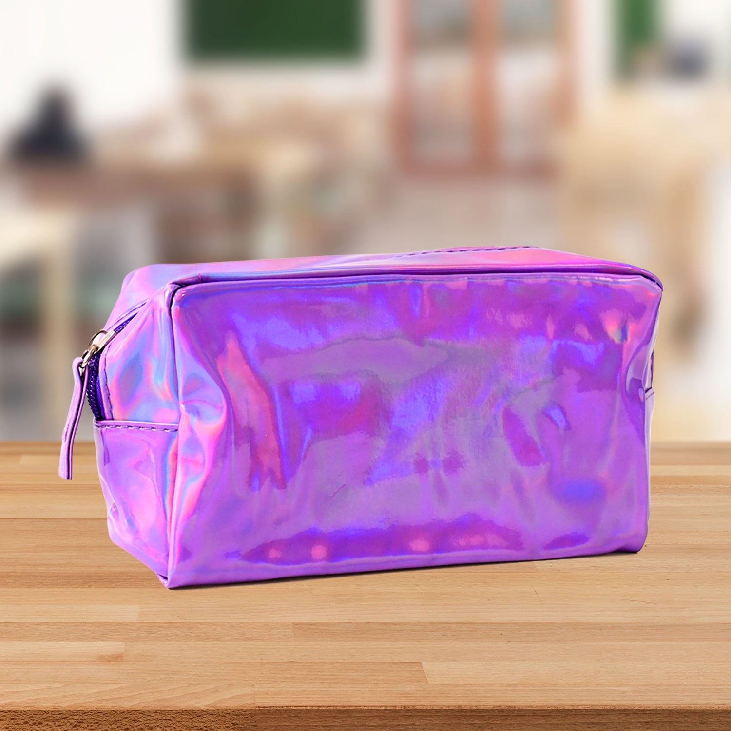 Holographic toiletry pouch used to organise travel cosmetics in luggage