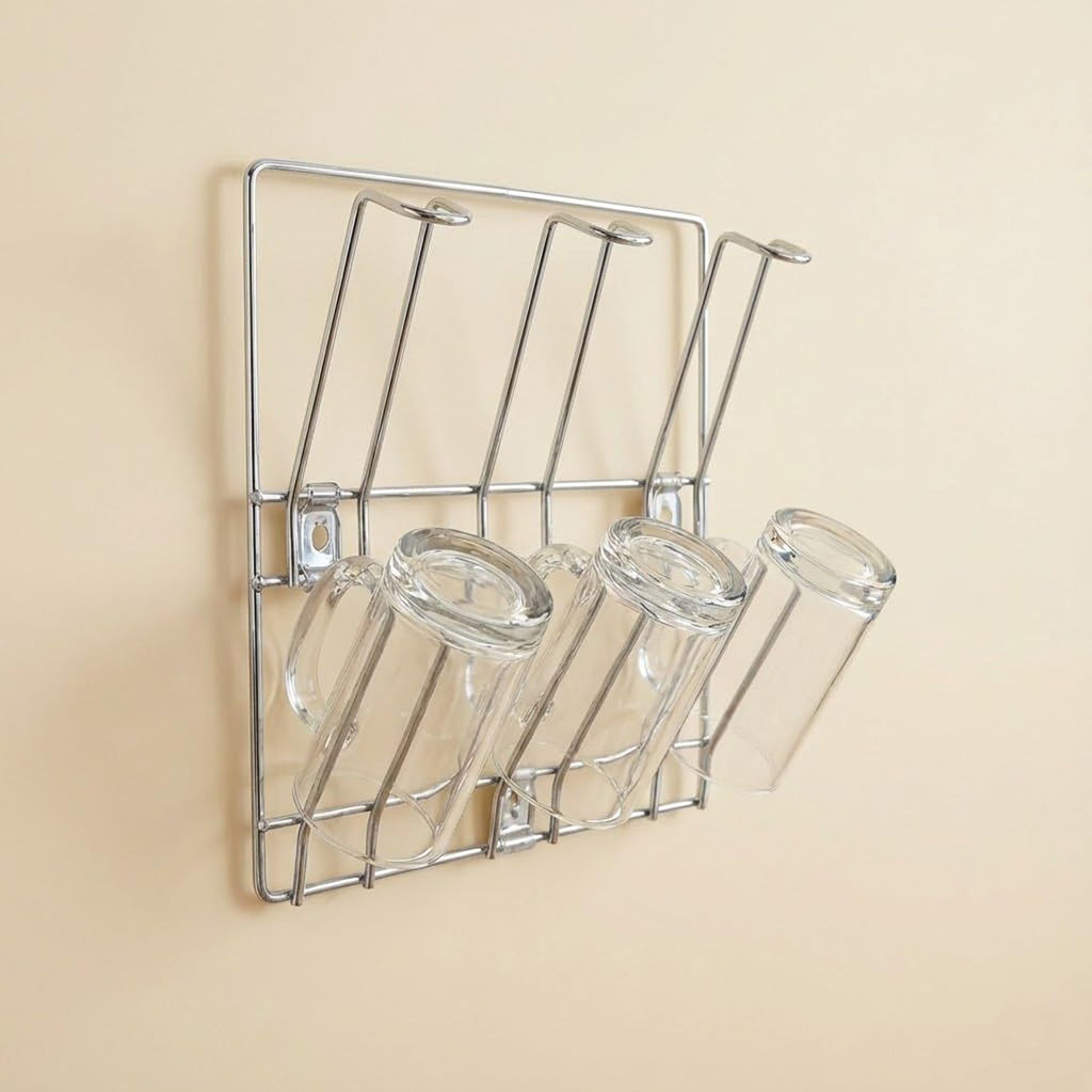 Wall-mounted stainless steel cup rack holding multiple drinkware