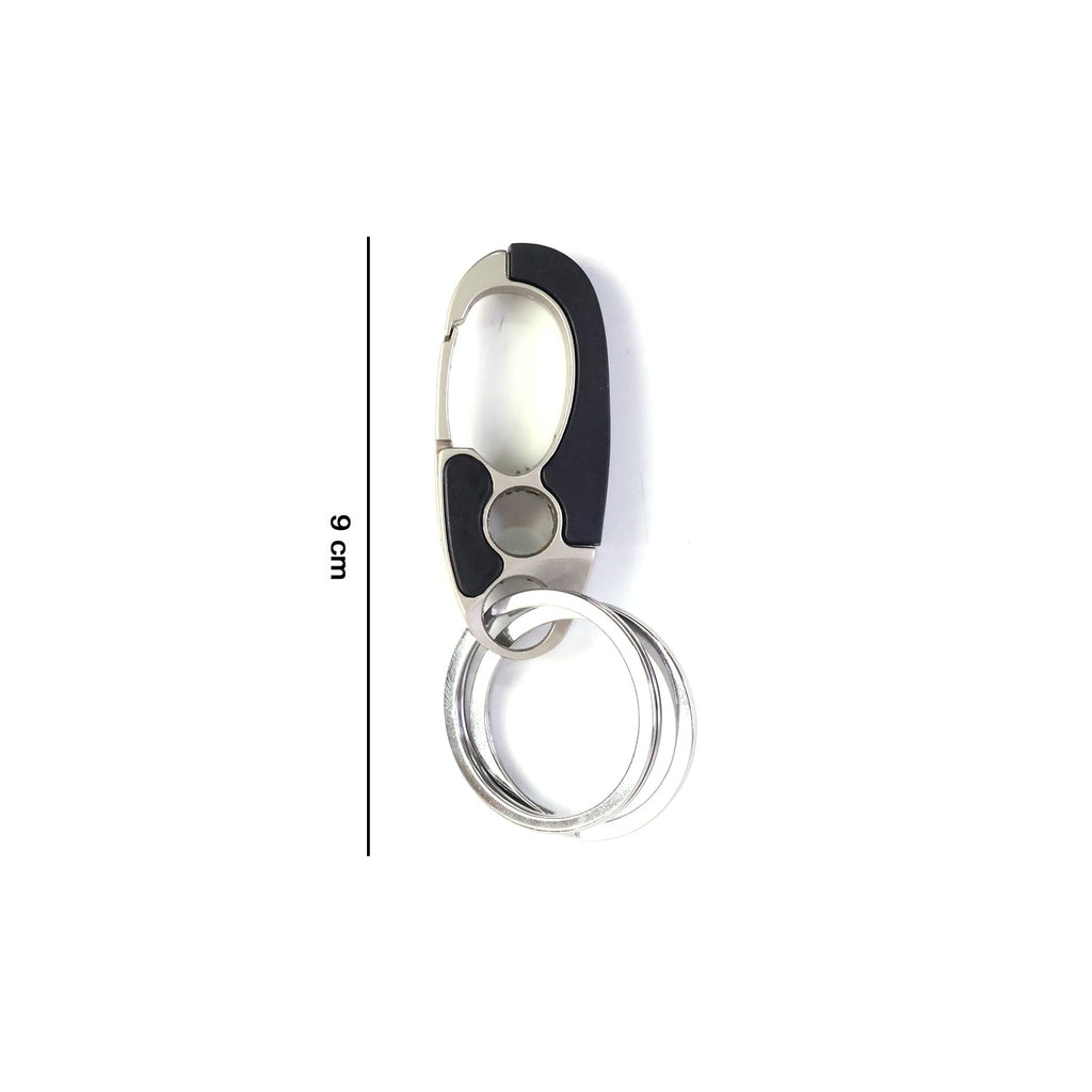 Close-up of locking clip mechanism on stainless steel keychain