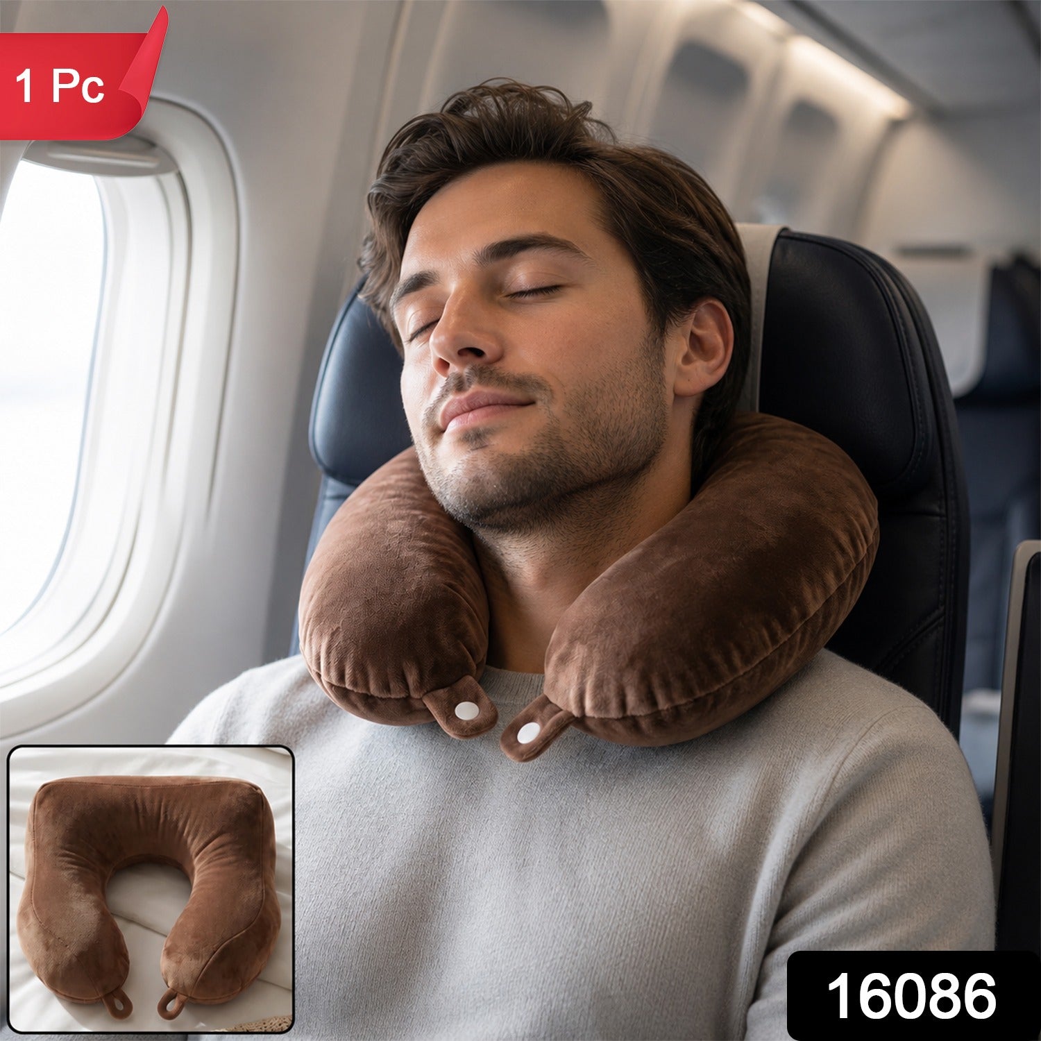 Men's U Shaped Soft Brown Plush Travel Neck Pillow for Head Support (1 Pc)
