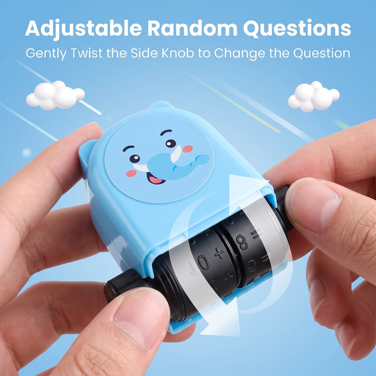 Adjustable multiplication question roller stamp side controls