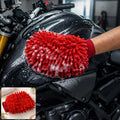 A red microfiber chenille wash glove with suds on a black motorcycle tank, with a smaller inset image of the glove.