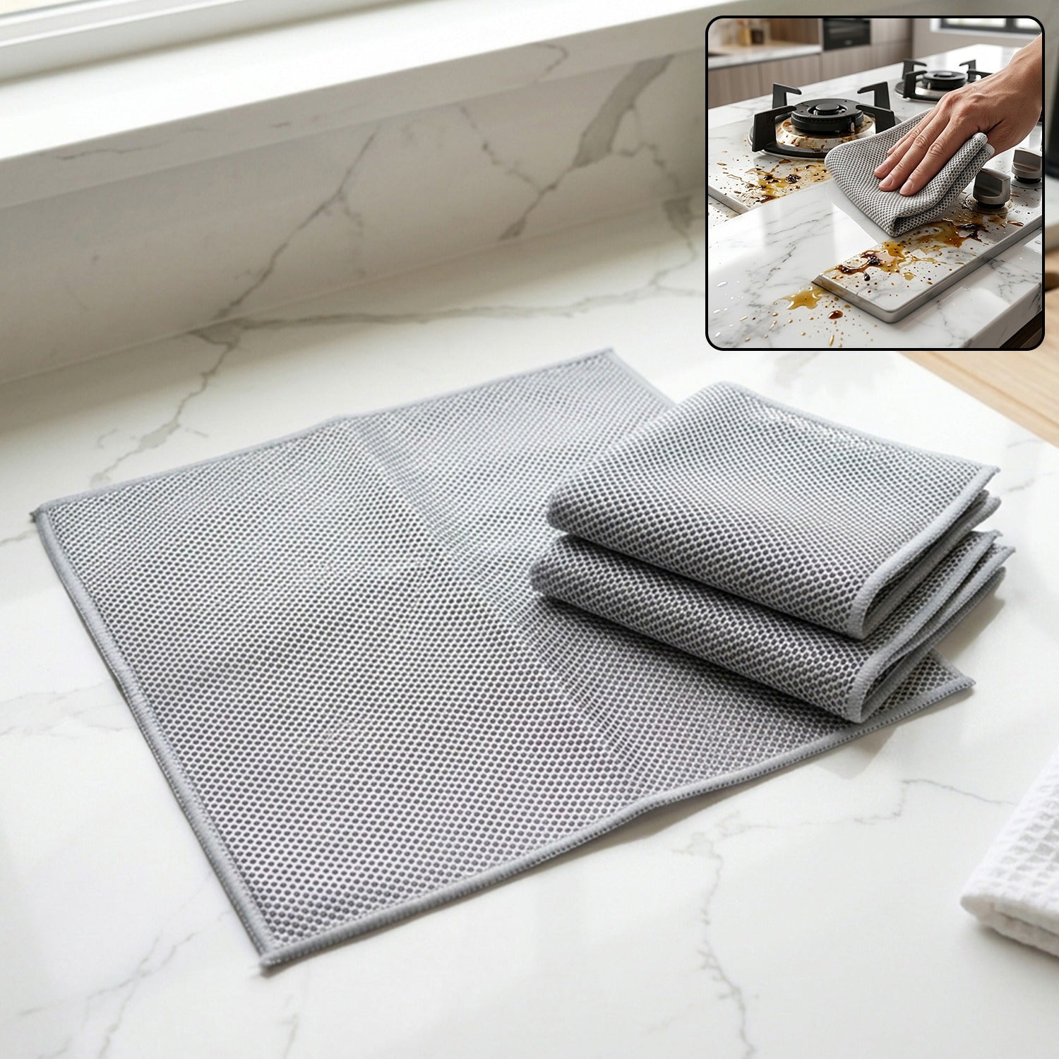Dual Sided Microfiber Cleaning Towel for Kitchen Countertop Gas Stove (3 Pc Set)