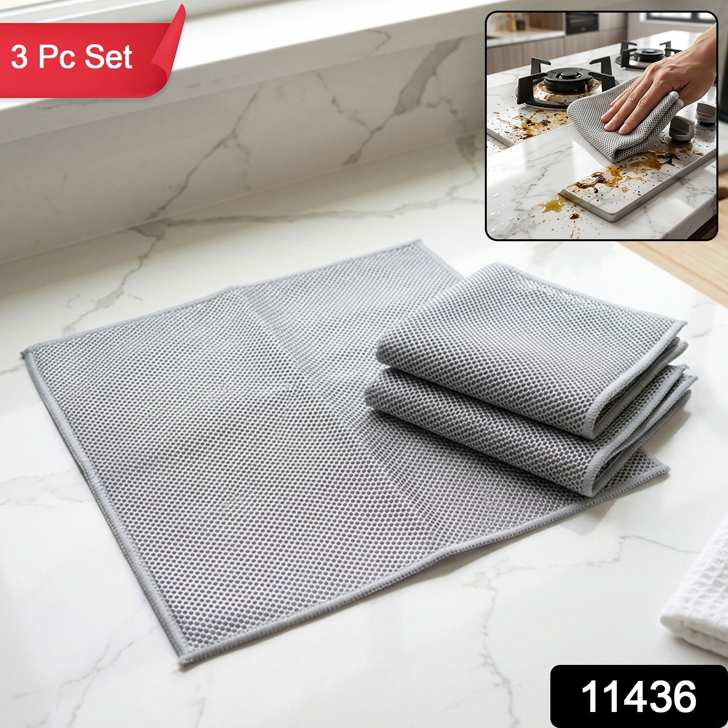 Dual Sided Microfiber Cleaning Towel for Kitchen Countertop Gas Stove (3 Pc Set)