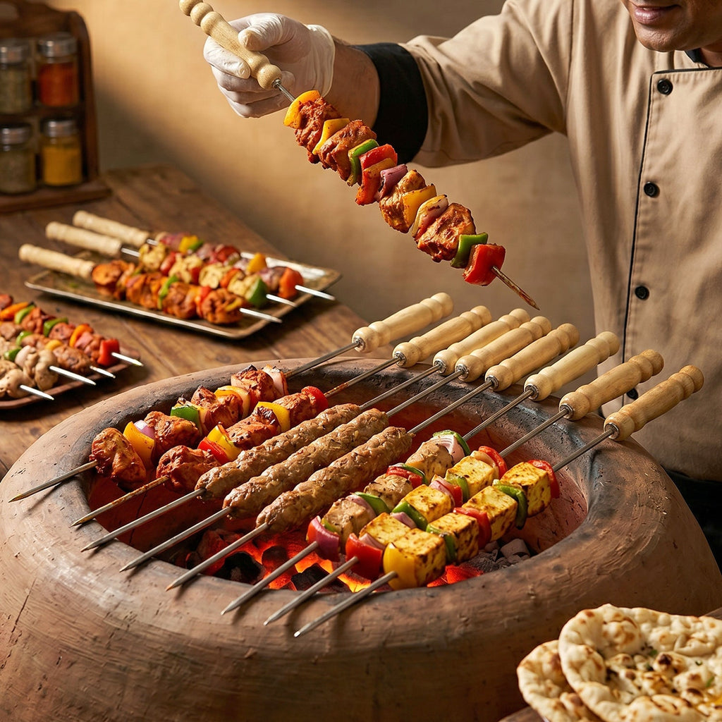 Reusable stainless steel skewers for BBQ with wooden handles