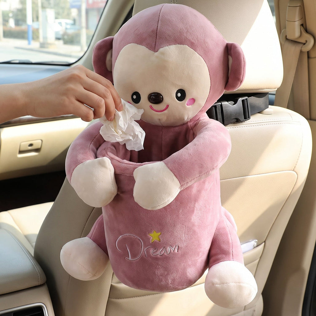 2 in 1 car trash bin and tissue box organizer with monkey design