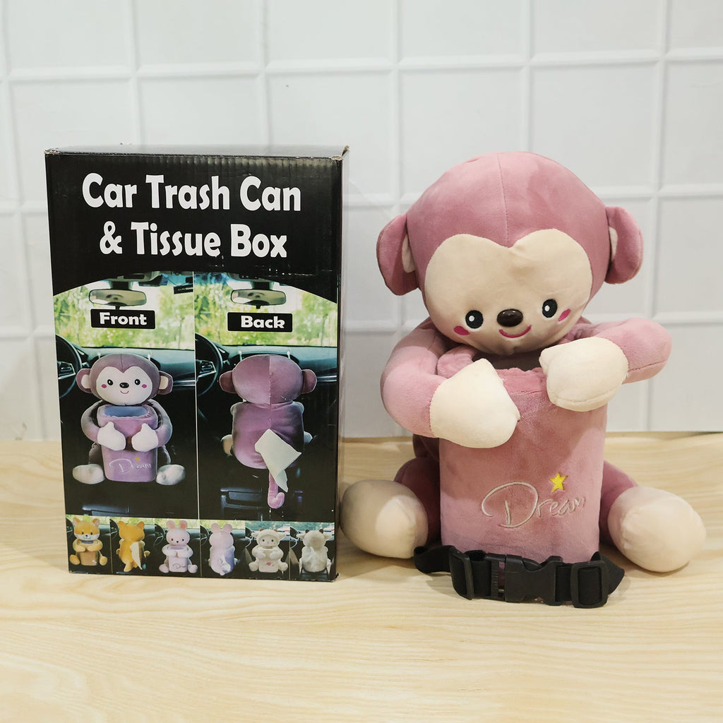 Multipurpose car bin and tissue box holder with plush monkey