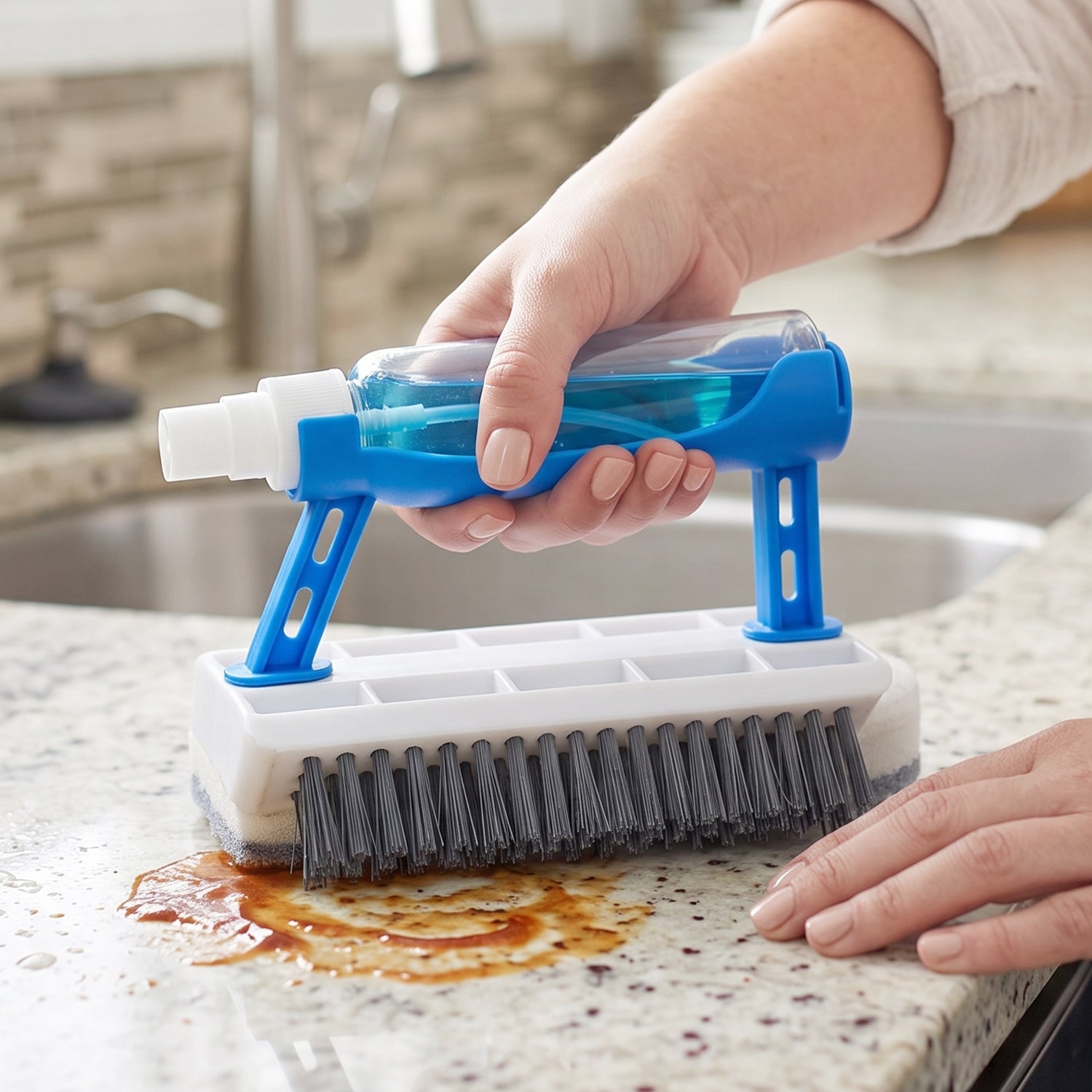 Handheld cleaning brush with dispenser for pots, pans and plates