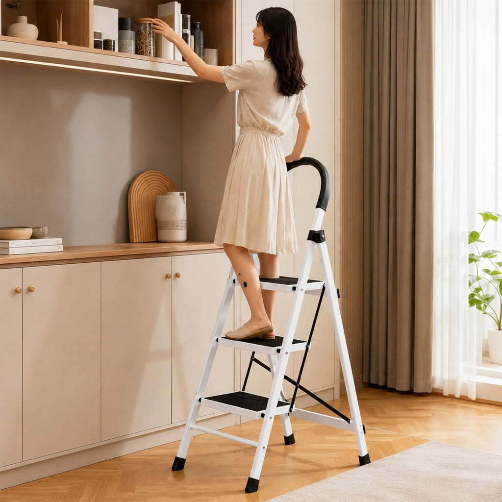 Folding step ladder with padded handle for kitchen and home