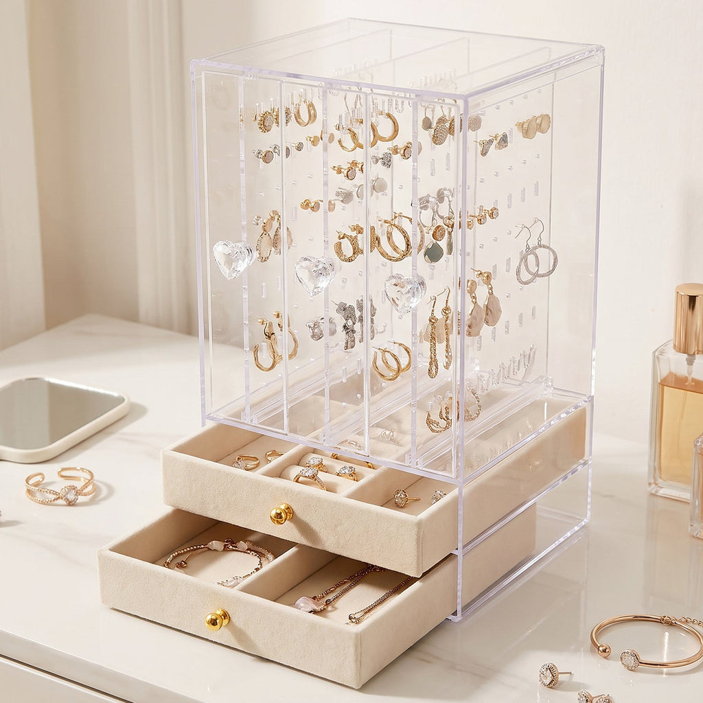 Earring display box with drawers for rings and necklaces