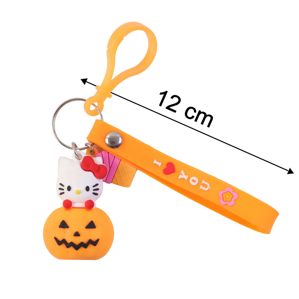 Cute novelty cat pumpkin key ring showing size keychains