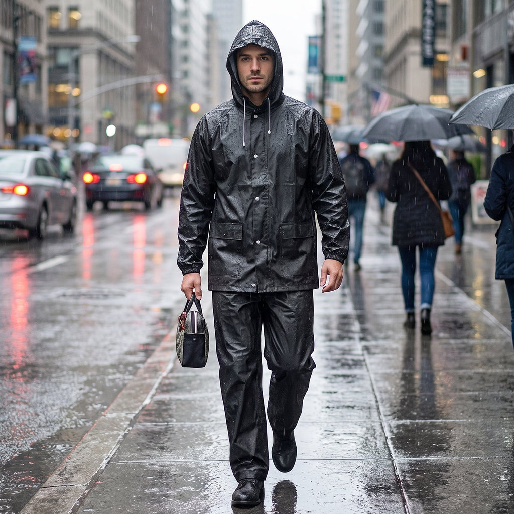 Foldable EVA rain suit with hood provides reliable protection on rainy days.