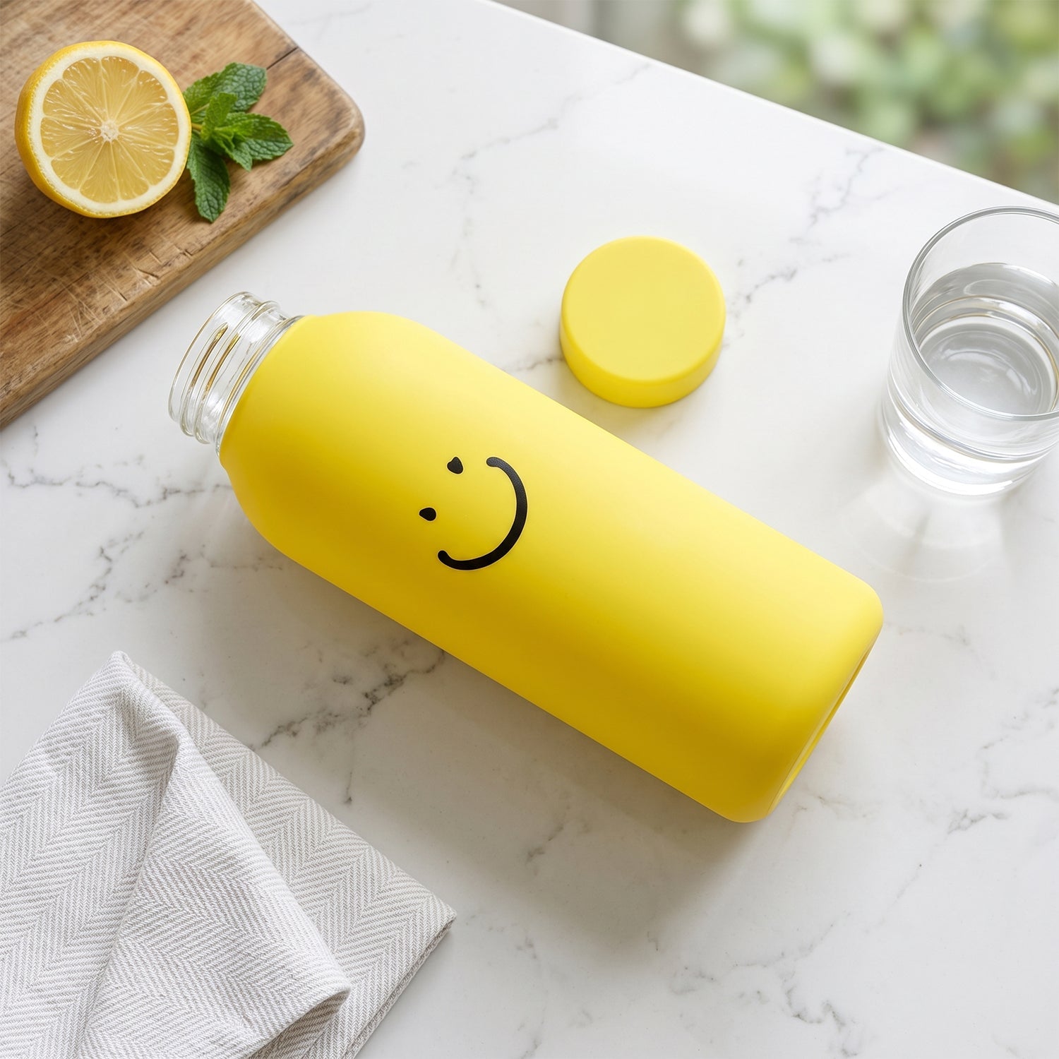 400 ML Smiley Face Glass Water Bottle with Silicone Sleeve for Office (1 Pc)