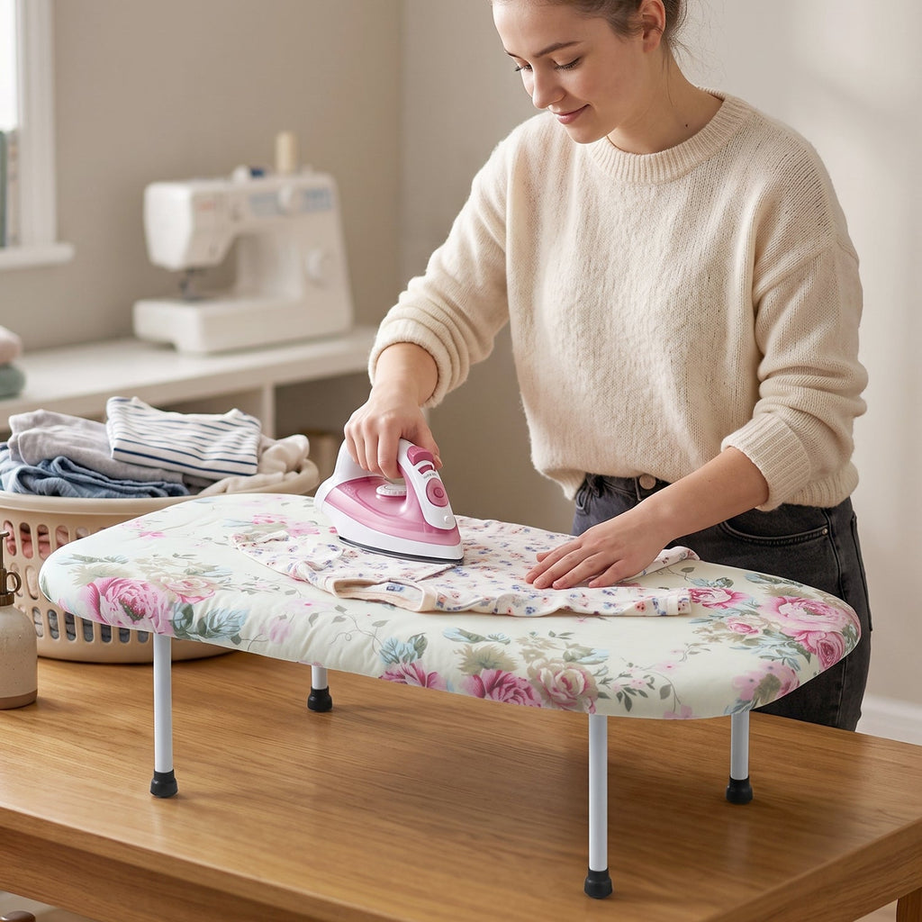 Lightweight tabletop ironing board that folds flat
