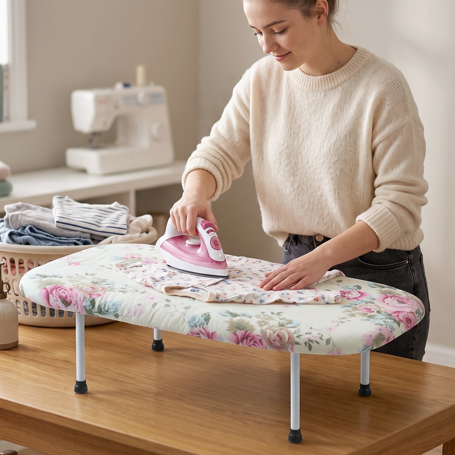 Lightweight tabletop ironing board that folds flat