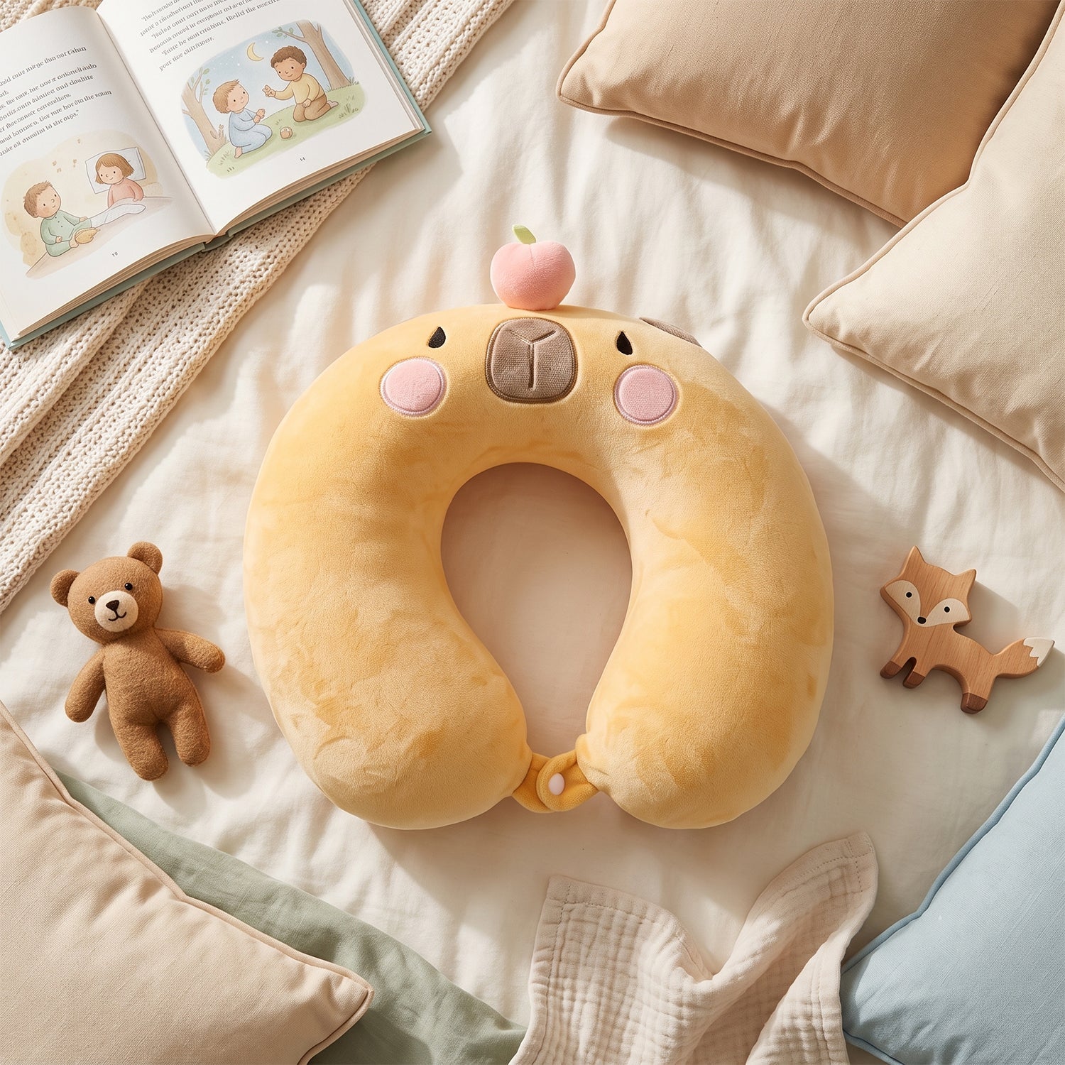 Plush capybara travel cushion for napping on the go