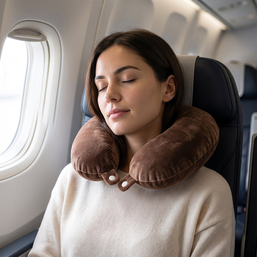 Soft brown neck cushion for flights, cars and trains