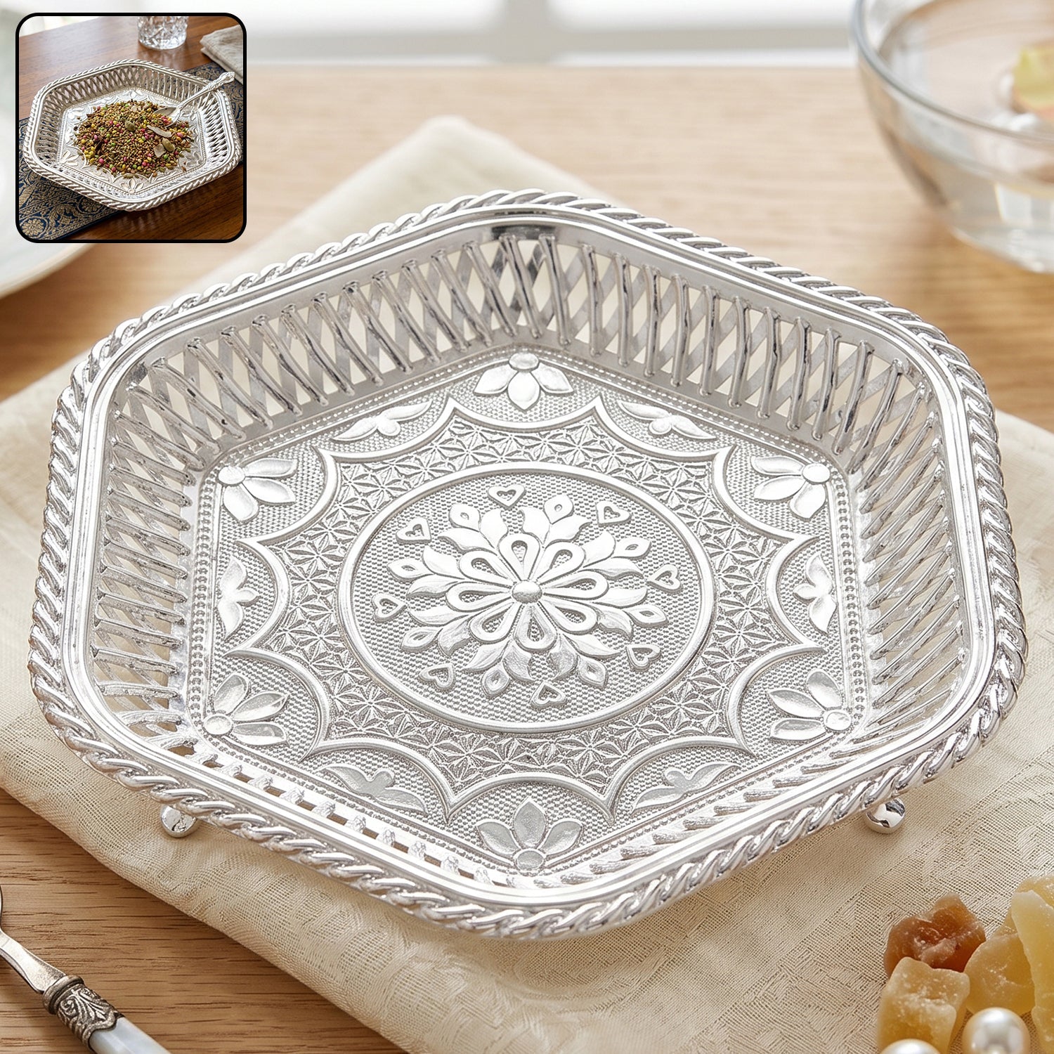 Decorative silver serving tray embossed floral