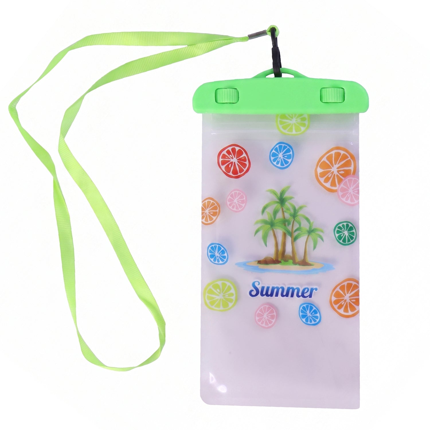 Person holding a phone inside the waterproof pouch near water.