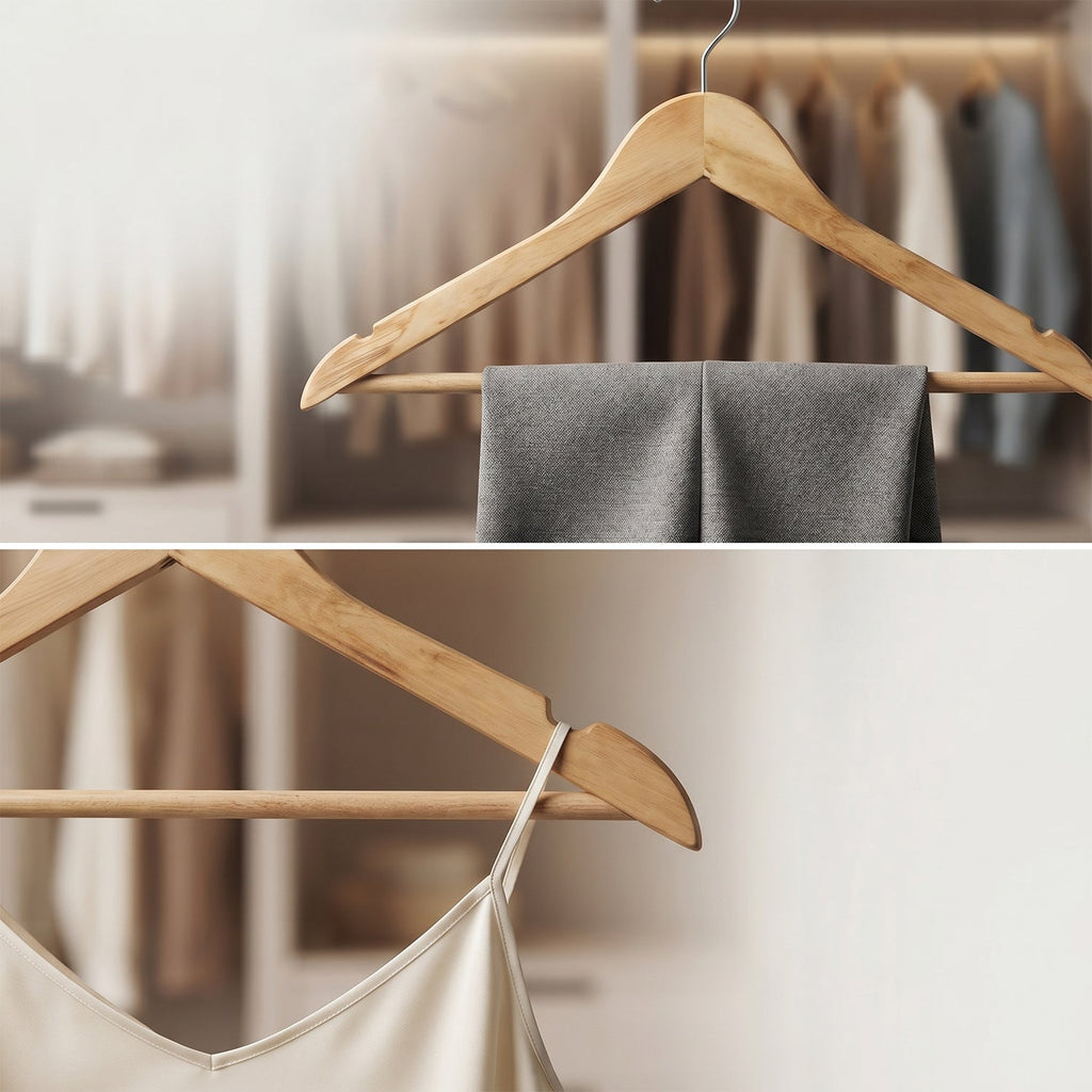 Natural wood clothes hanger with bar for wardrobe organizing