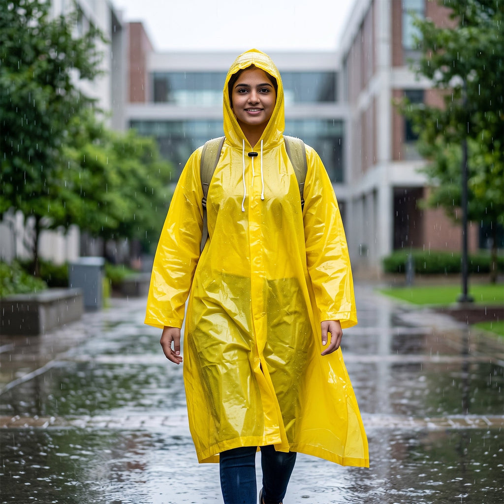 Long yellow rain poncho in use, demonstrating its free-size fit and coverage.