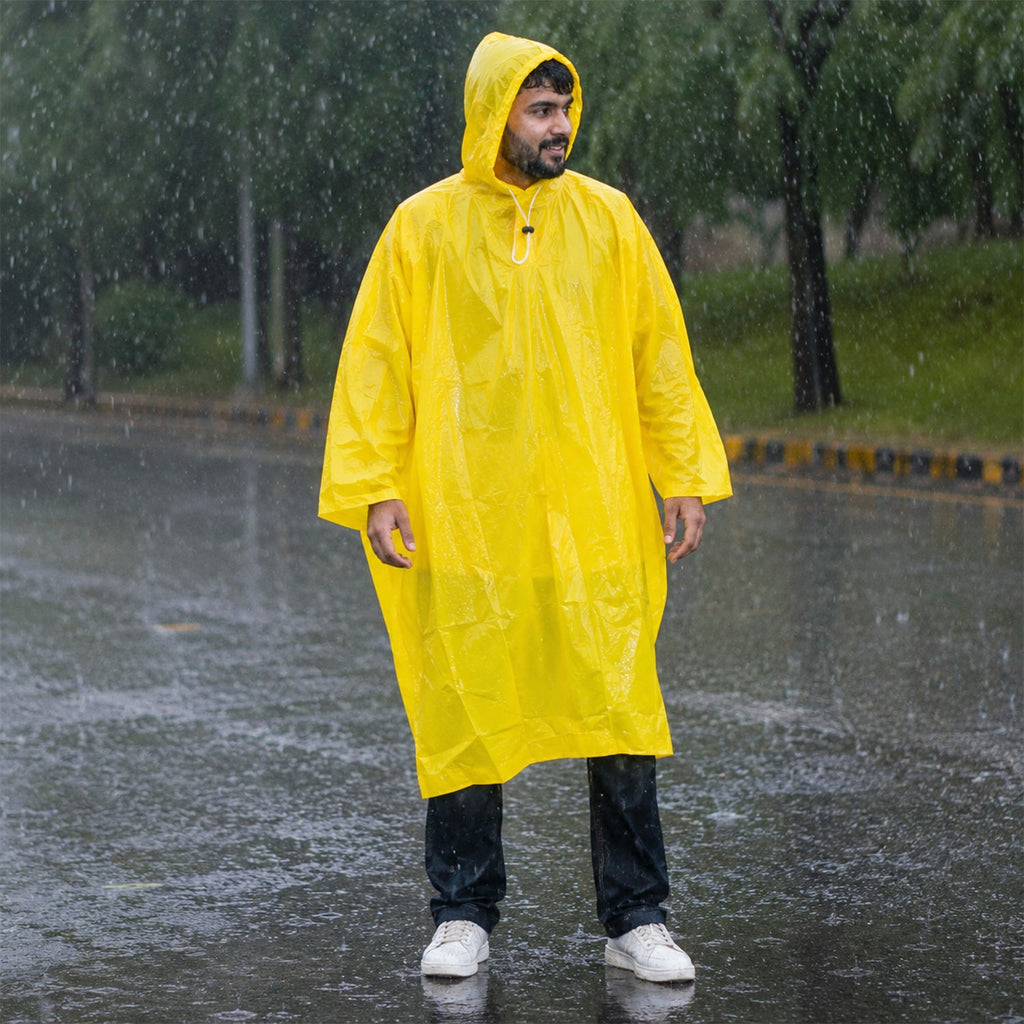 Full length view of the reusable yellow raincoat, ideal for the rainy season.