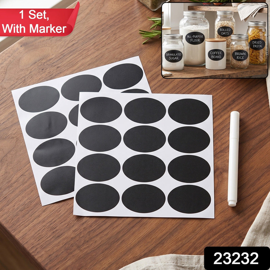 Reusable oval chalkboard labels with white pen for jars and bottles