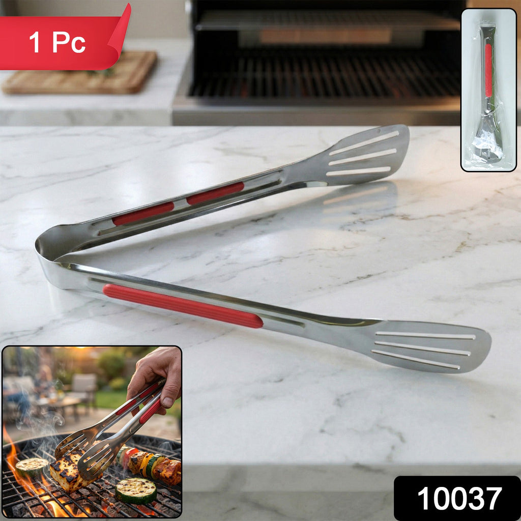 Durable steel cooking tongs designed for multipurpose kitchen tasks.