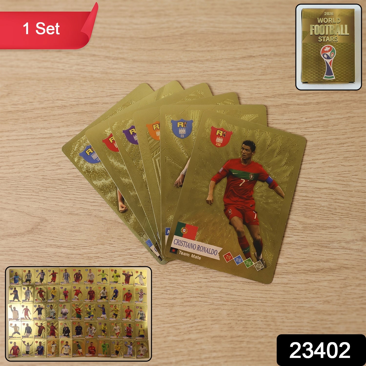 World football cards set with iconic players like Ronaldo and Messi