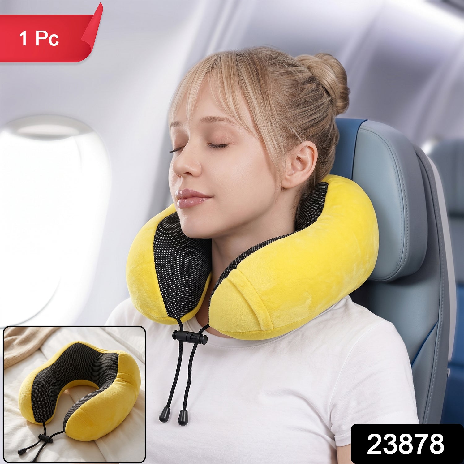 Yellow plush U shaped pillow with drawstring for travel