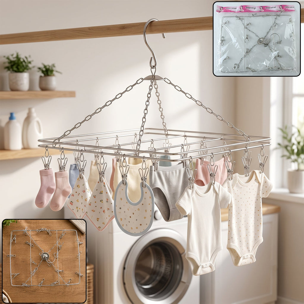 Stainless steel square multi clip drying hanger for socks and baby clothes (1 set)